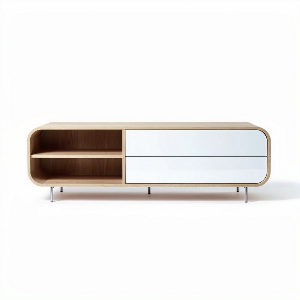 Wooden TV stand with two drawers and open shelf in white and natural finish