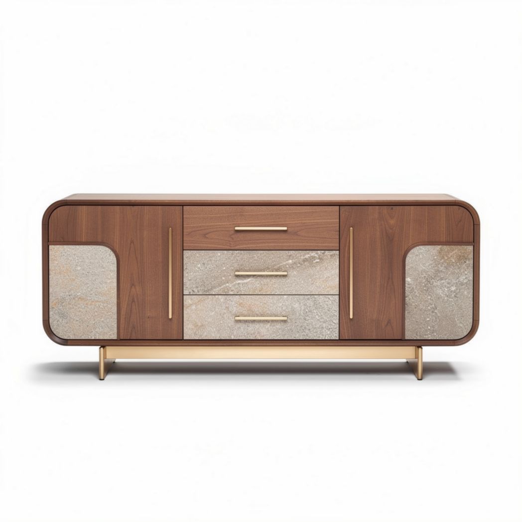 Wooden sideboard with stone accents and four storage drawers 150 x 40 x 70cm