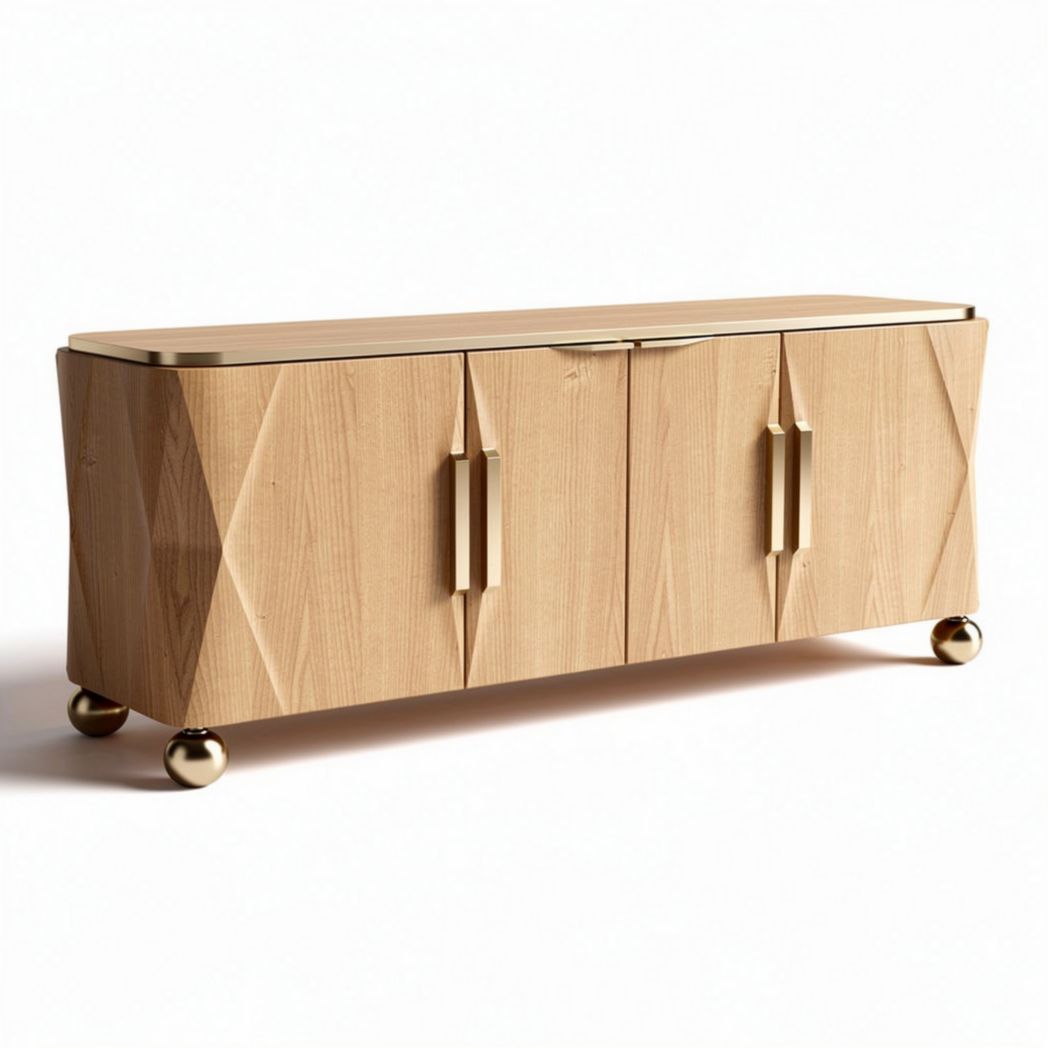 Modern wooden sideboard with gold handles and geometric design 180 x 45 x 70cm
