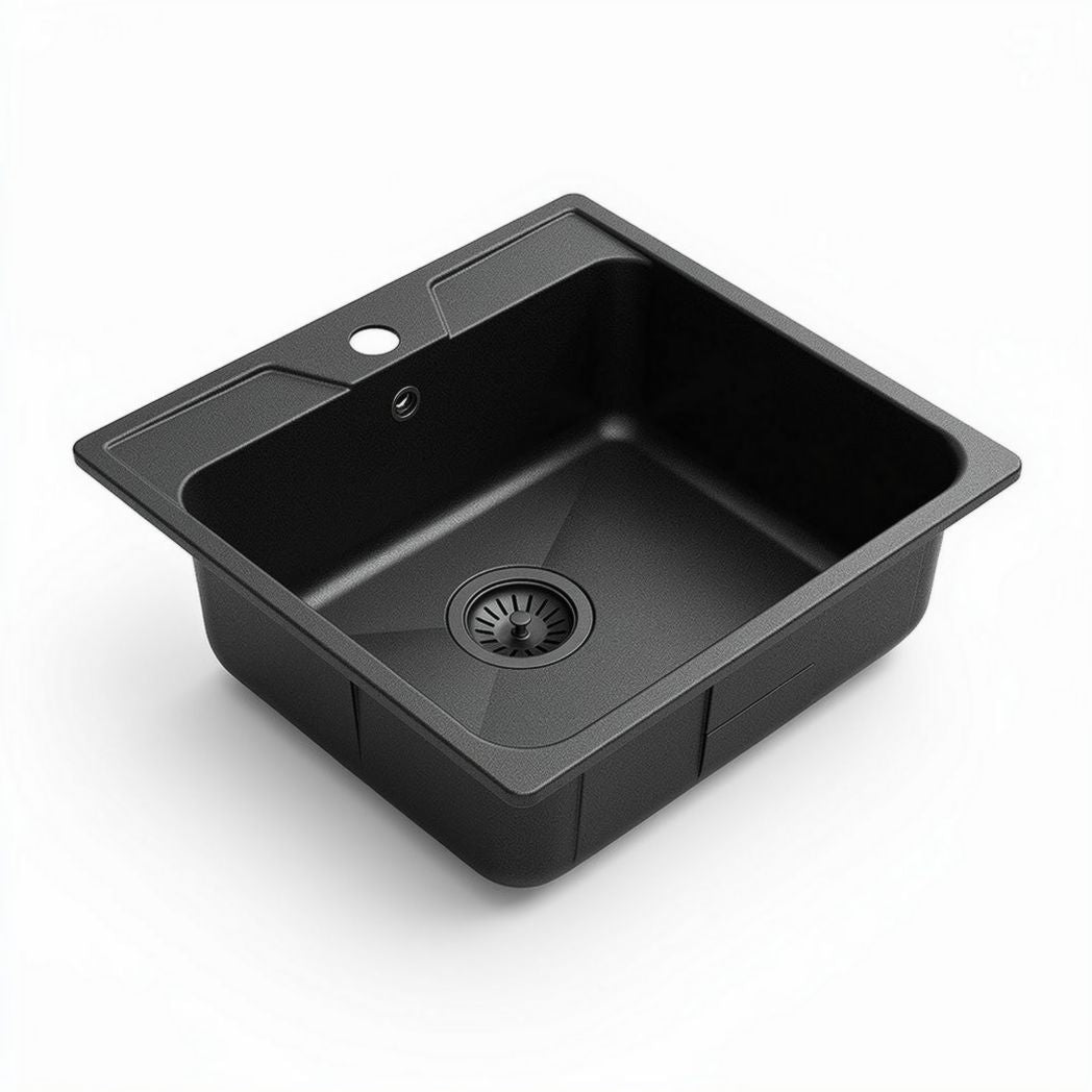Black composite kitchen sink 45 x 45 x 20cm with single bowl design