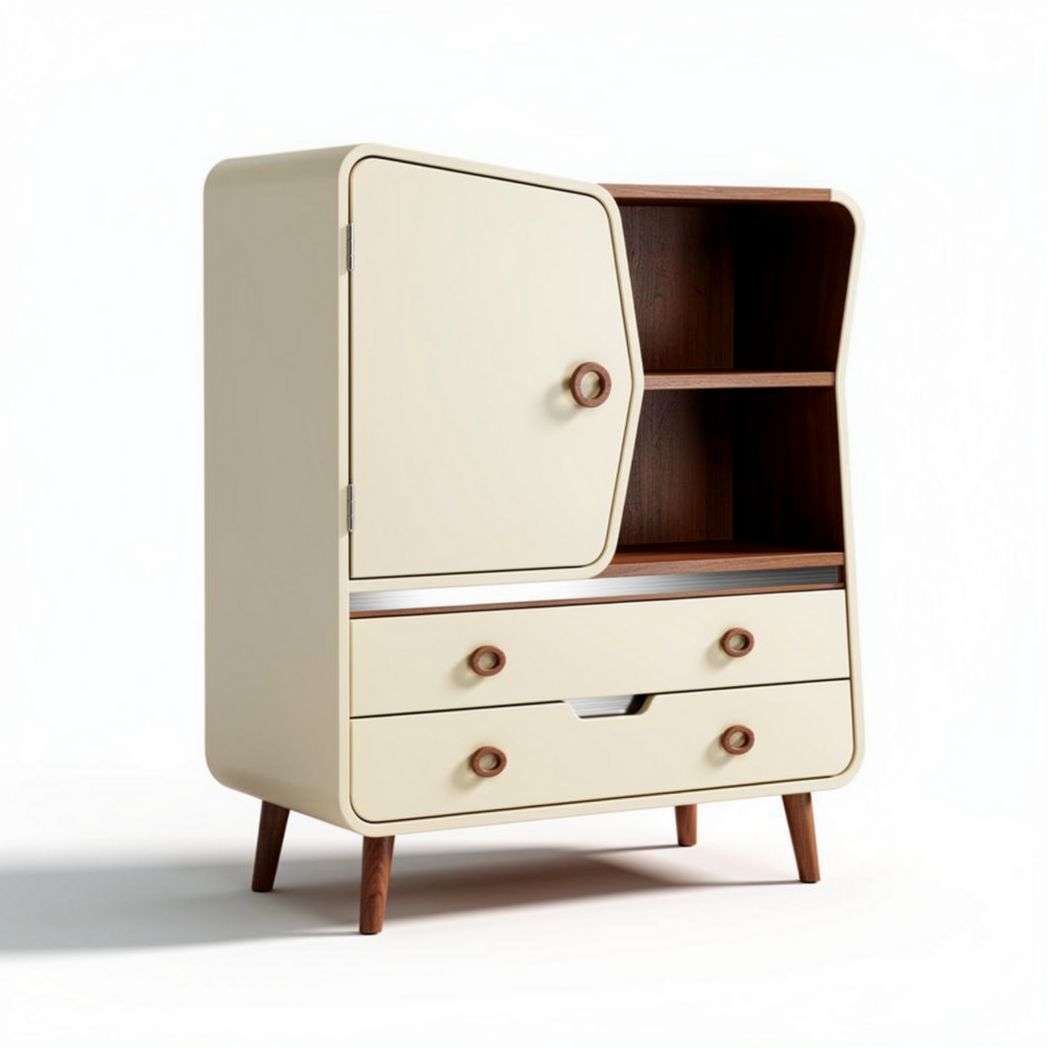 Mid-century modern storage cabinet with sliding door and two drawers in cream and walnut finish 80 x 40 x 100cm