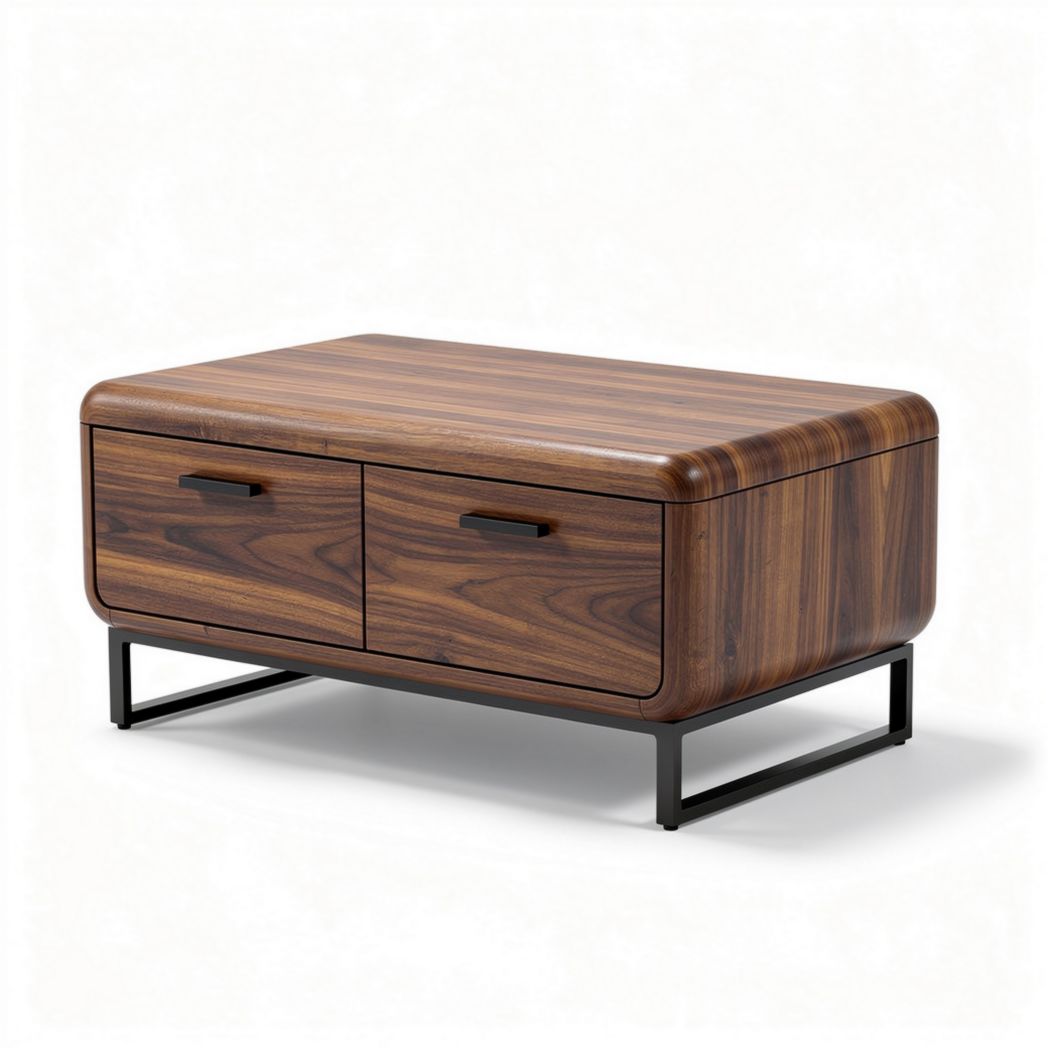 Wooden coffee table with two drawers and metal legs in walnut finish 120 x 60 x 45cm