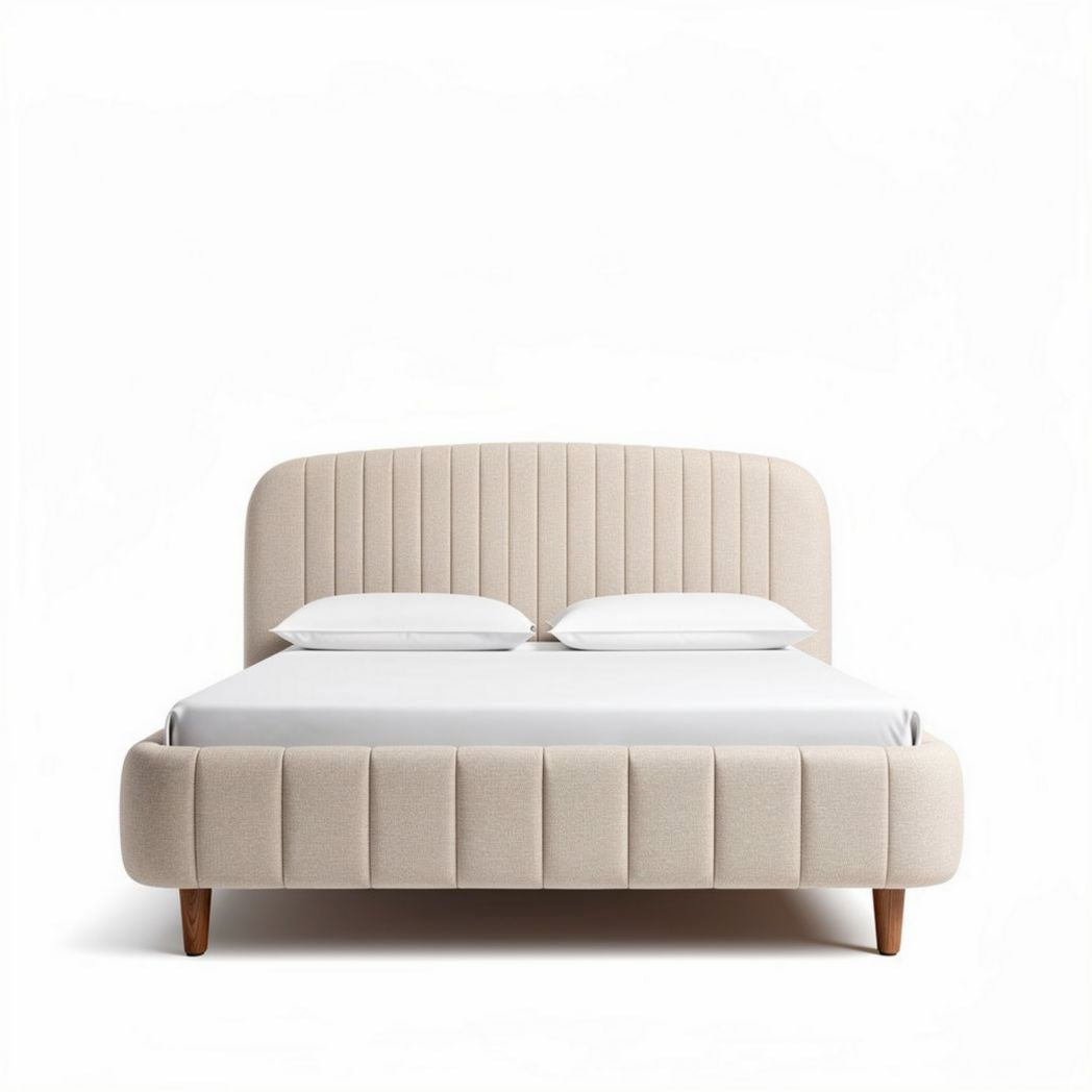 Upholstered bed frame with vertical stitching and wooden legs in beige 200 x 160 x 100cm