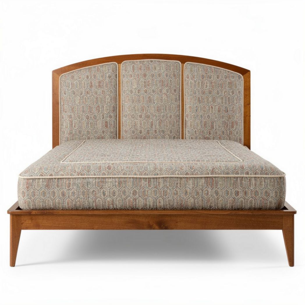 Wooden bed frame with upholstered headboard in patterned fabric 200 x 160 x 100cm