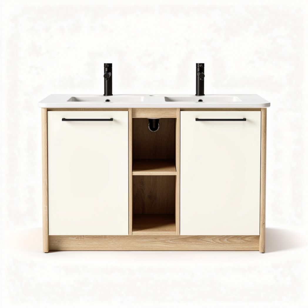 Vanity cabinet with double sink in white and oak finish 100 x 50 x 80cm