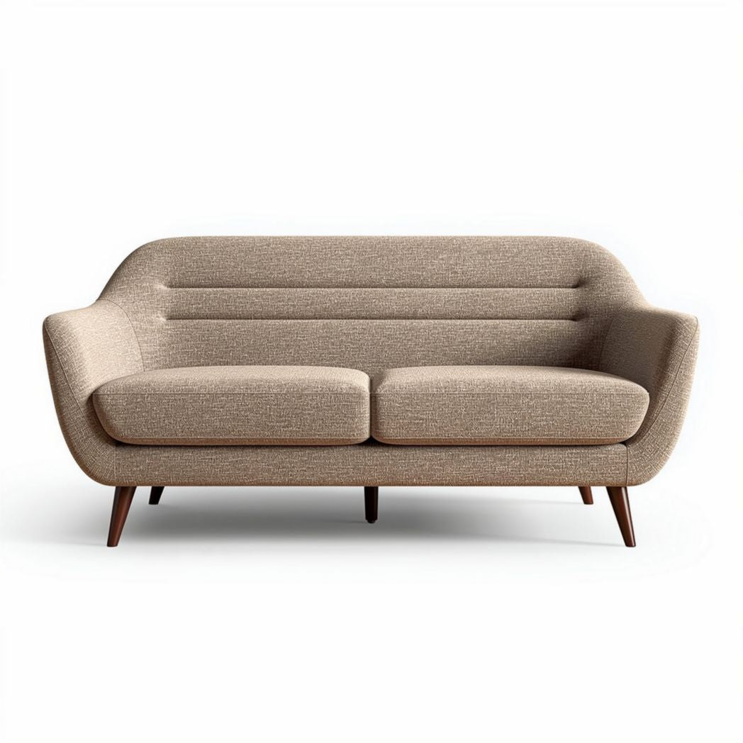 Two-seater sofa with fabric upholstery and wooden legs in light beige color