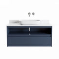 Vanity cabinet with white marble countertop and blue storage drawers 120 x 50 x 80cm