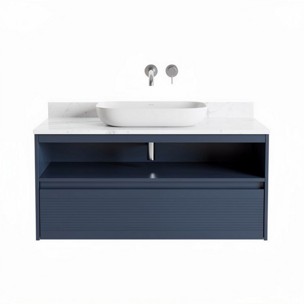 Vanity cabinet with white marble countertop and blue storage drawers 120 x 50 x 80cm