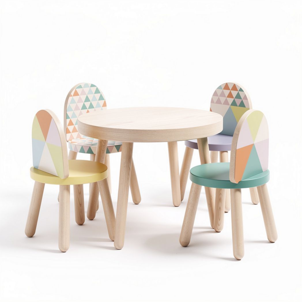 Wooden round table set with four chairs for children in pastel colors 60 x 60 x 50cm